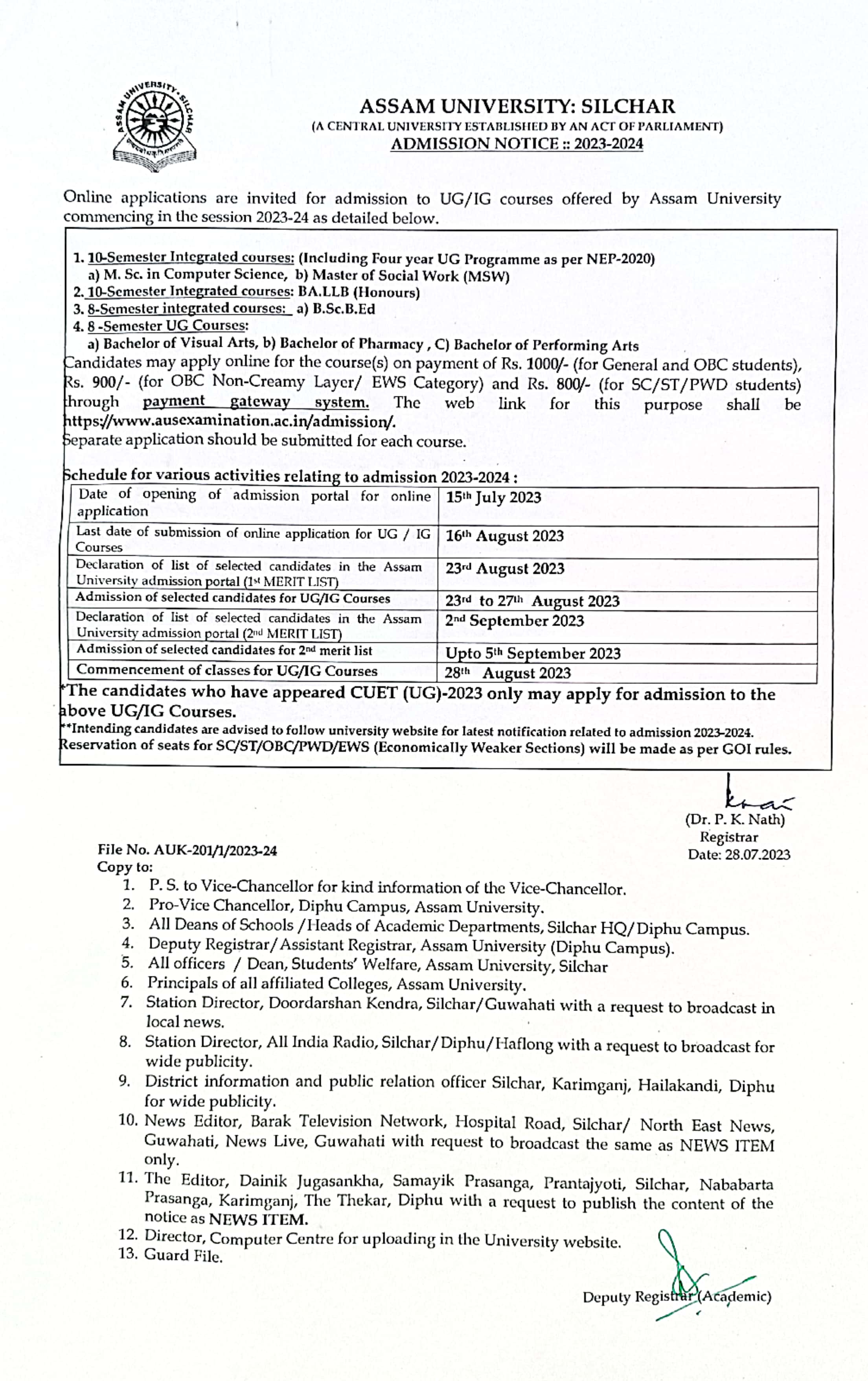 Assam University Admission 2023 | Application Form, Last Date, Courses